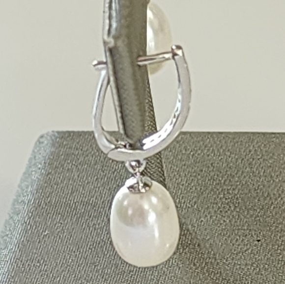 925S Sterling Silver White Cultured Freshwater Pearl Dangle Drop Earrings - Picture 7 of 12
